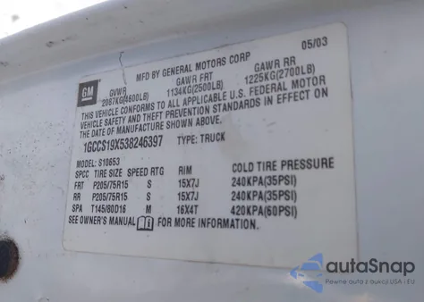 2003 Chevrolet S-10 Ls z USA, uszkodzony, nr VIN 1GCCS19X538246397